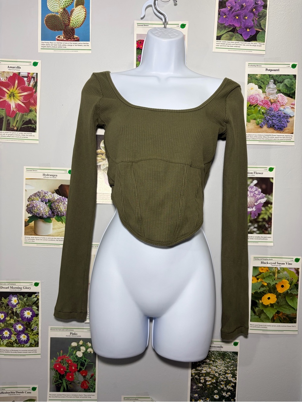 Victoria's Secret Olive Green Ribbed Square-Neck Long Sleeve Crop Top